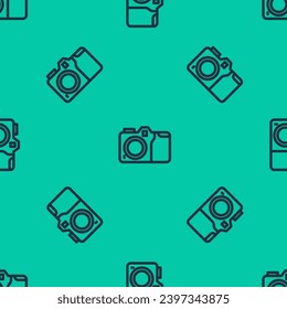 Blue line Photo camera icon isolated seamless pattern on green background. Foto camera icon.  Vector