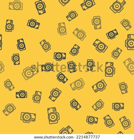 Blue line Photo camera icon isolated seamless pattern on yellow background. Foto camera icon.  Vector