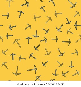 Blue line Pickaxe icon isolated seamless pattern on yellow background. Blockchain technology, cryptocurrency mining, bitcoin, digital money market, cryptocoin wallet.  Vector Illustration