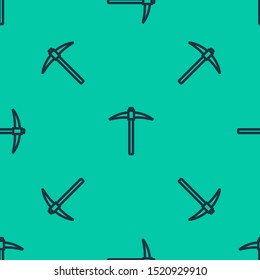 Blue line Pickaxe icon isolated seamless pattern on green background. Blockchain technology, cryptocurrency mining, bitcoin, digital money market, cryptocoin wallet.  Vector Illustration