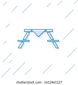 Blue line Picnic table with benches on either side of the table icon isolated on white background.  Vector Illustration