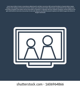 Blue line Picture frame on table icon isolated on blue background.  Vector Illustration