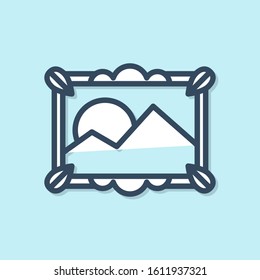 Blue line Picture landscape icon isolated on blue background.  Vector Illustration