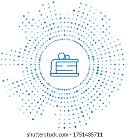 Blue line Piece of cake icon isolated on white background. Happy Birthday. Abstract circle random dots. Vector
