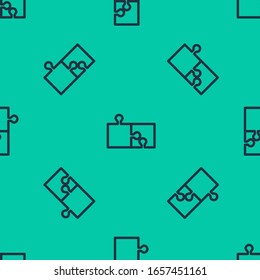 Blue line Piece of puzzle icon isolated seamless pattern on green background. Modern flat, business, marketing, finance, internet concept.  Vector Illustration