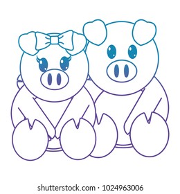 blue line pig couple cute animal together