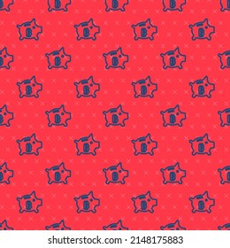 Blue line Piggy bank bitcoin icon isolated seamless pattern on red background. Icon saving or accumulation of money, investment.  Vector