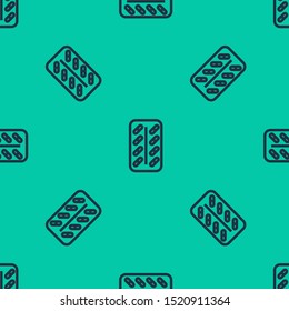 Blue line Pills in blister pack icon isolated seamless pattern on green background. Medical drug package for tablet: vitamin, antibiotic, aspirin. Vector Illustration Blue line Pills in blister pack icon isolated seamless pattern on green background. Medical drug package for tablet: vitamin, antibiotic, aspirin. Vector Illustration