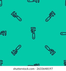 Blue line Pipe adjustable wrench icon isolated seamless pattern on green background.  Vector