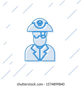 Blue line Pirate captain icon isolated on white background.  Vector Illustration