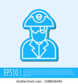Blue line Pirate captain icon isolated on grey background.  Vector Illustration
