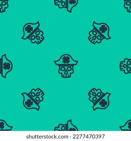 Blue line Pirate captain icon isolated seamless pattern on green background.  Vector