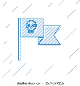 Blue line Pirate flag with skull icon isolated on white background.  Vector Illustration