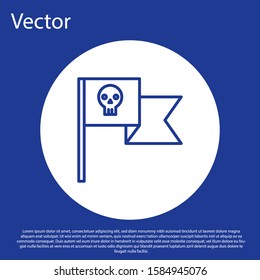 Blue line Pirate flag with skull icon isolated on blue background. White circle button. Vector Illustration