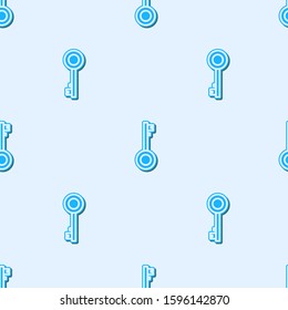 Blue line Pirate key icon isolated seamless pattern on grey background.  Vector Illustration