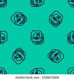 Blue line Pizza in cardboard box icon isolated seamless pattern on green background. Box with layout elements.  Vector Illustration