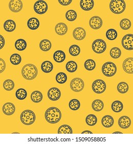 Blue line Pizza icon isolated seamless pattern on yellow background. Fast food menu.  Vector Illustration