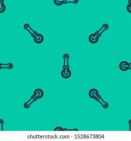 Blue line Pizza knife icon isolated seamless pattern on green background. Pizza cutter sign. Steel kitchenware equipment.  Vector Illustration