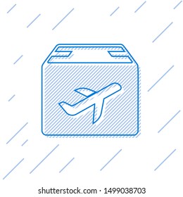Blue line Plane and cardboard box icon isolated on white background. Delivery, transportation. Cargo delivery by air. Airplane with parcels, boxes.  Vector Illustration