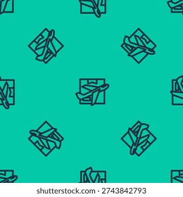Blue line Plane and cardboard box icon isolated seamless pattern on green background. Delivery, transportation. Cargo delivery by air. Airplane with parcels, boxes.  Vector