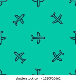 Blue line Plane icon isolated seamless pattern on green background. Flying airplane icon. Airliner sign.  Vector Illustration