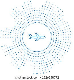 Blue line Plane icon isolated on white background. Flying airplane icon. Airliner sign. Abstract circle random dots. Vector Illustration