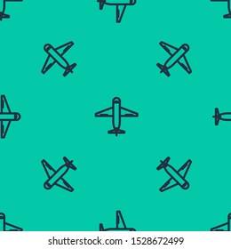 Blue line Plane icon isolated seamless pattern on green background. Delivery, transportation. Cargo delivery by air. Airplane with parcels, boxes.  Vector Illustration