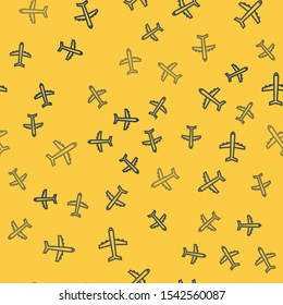 Blue line Plane icon isolated seamless pattern on yellow background. Flying airplane icon. Airliner sign.  Vector Illustration
