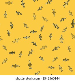 Blue line Plane icon isolated seamless pattern on yellow background. Flying airplane icon. Airliner sign.  Vector Illustration