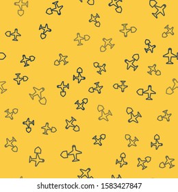 Blue line Plane with shield icon isolated seamless pattern on yellow background. Flying airplane. Airliner insurance. Security, safety, protection, protect concept.  Vector Illustration