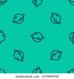 Blue line Planet icon isolated seamless pattern on green background.  Vector Illustration