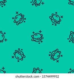 Blue line Planet icon isolated seamless pattern on green background.  Vector Illustration