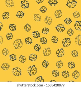 Blue line Planet icon isolated seamless pattern on yellow background.  Vector Illustration