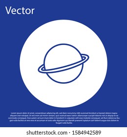 Blue line Planet Saturn with planetary ring system icon isolated on blue background. White circle button. Vector Illustration
