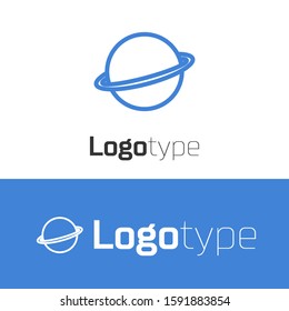Blue line Planet Saturn with planetary ring system icon isolated on white background. Logo design template element. Vector Illustration