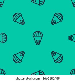 Blue line Planet Saturn with planetary ring system icon isolated seamless pattern on green background.  Vector Illustration