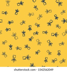 Blue line Plant in bottle icon isolated seamless pattern on yellow background. Seed and seedling. Leaves sign. Leaf nature.  Vector Illustration
