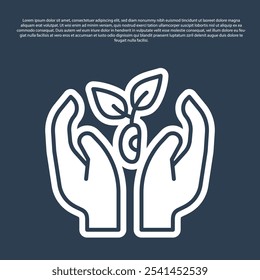 Blue line Plant in hand of environmental protection icon isolated on blue background. Seed and seedling. Planting sapling. Ecology concept.  Vector