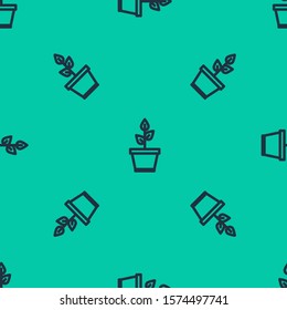 Blue line Plant in pot icon isolated seamless pattern on green background. Plant growing in a pot. Potted plant sign.  Vector Illustration