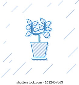 Blue line Plant in pot icon isolated on white background. Plant growing in a pot. Potted plant sign.  Vector Illustration