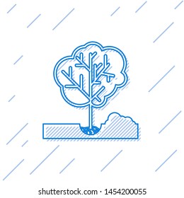 Blue line Planting a tree in the ground icon isolated on white background. Gardening, agriculture, caring for environment.  Vector Illustration