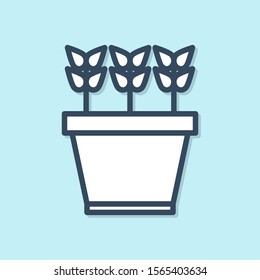 Blue line Plants in pot icon isolated on blue background. Plants growing in a pot. Potted plant sign.  Vector Illustration
