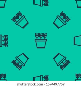 Blue line Plants in pot icon isolated seamless pattern on green background. Plants growing in a pot. Potted plant sign.  Vector Illustration