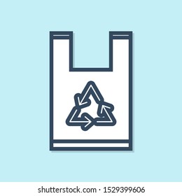 Blue line Plastic bag with recycle icon isolated on blue background. Bag with recycling symbol.  Vector Illustration