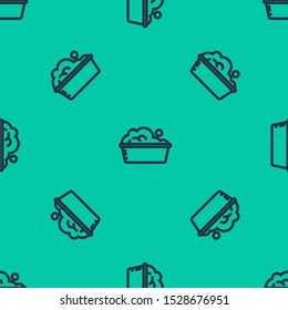 Blue line Plastic basin with soap suds icon isolated seamless pattern on green background. Bowl with water. Washing clothes, cleaning equipment.  Vector Illustration