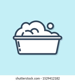 Blue line Plastic basin with soap suds icon isolated on blue background. Bowl with water. Washing clothes, cleaning equipment.  Vector Illustration