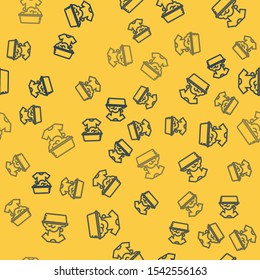 Blue line Plastic basin with soap suds icon isolated seamless pattern on yellow background. Bowl with water. Washing clothes, cleaning equipment.  Vector Illustration