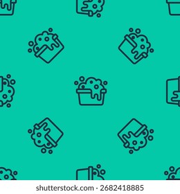 Línea azul Lavabo de plástico con icono de espuma de jabón aislado sin patrón sobre fondo verde. Cuenco con agua. Lavar ropa, equipo de limpieza.  Vector
