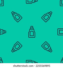 Blue line Plastic bottle for laundry detergent, bleach, dishwashing liquid or another cleaning agent icon isolated seamless pattern on green background.  Vector