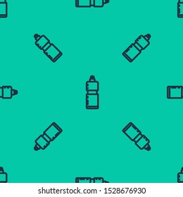 Blue line Plastic bottle for liquid laundry detergent, bleach, dishwashing liquid or another cleaning agent icon isolated seamless pattern on green background.  Vector Illustration